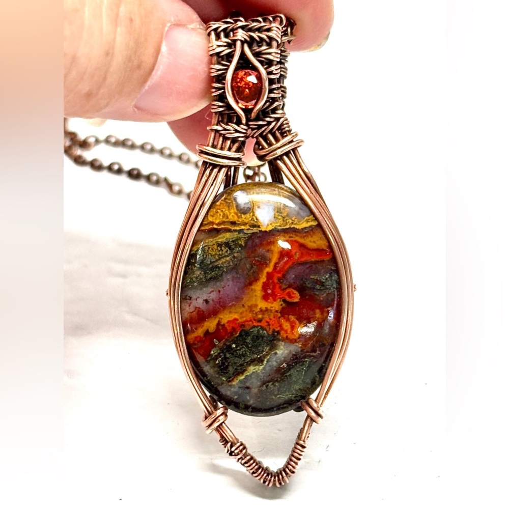 HAND CRAFTED Colorful Moss Agate Wire Wrapped Copper Unisex Pendant Necklace